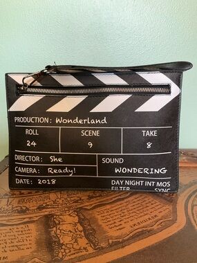Women’s Clapperboard Print Wristlet Clutch in Black & White